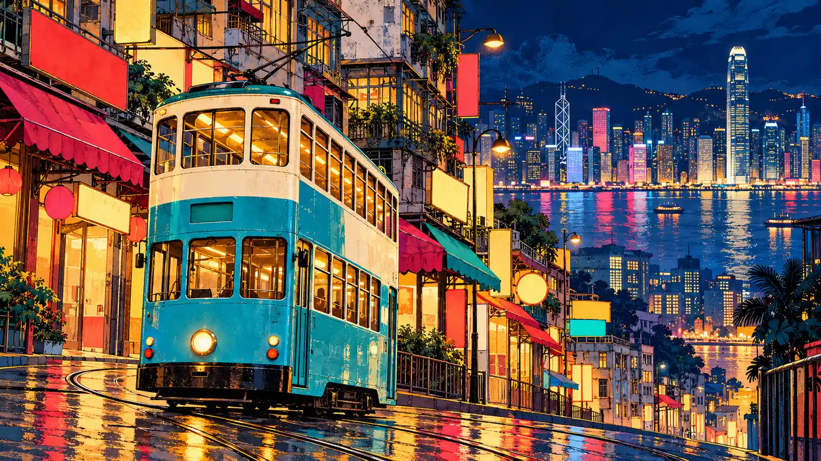 叮叮電車穿過唐樓與彩色燈光的香港夜街主題插畫,非真實店舖照片