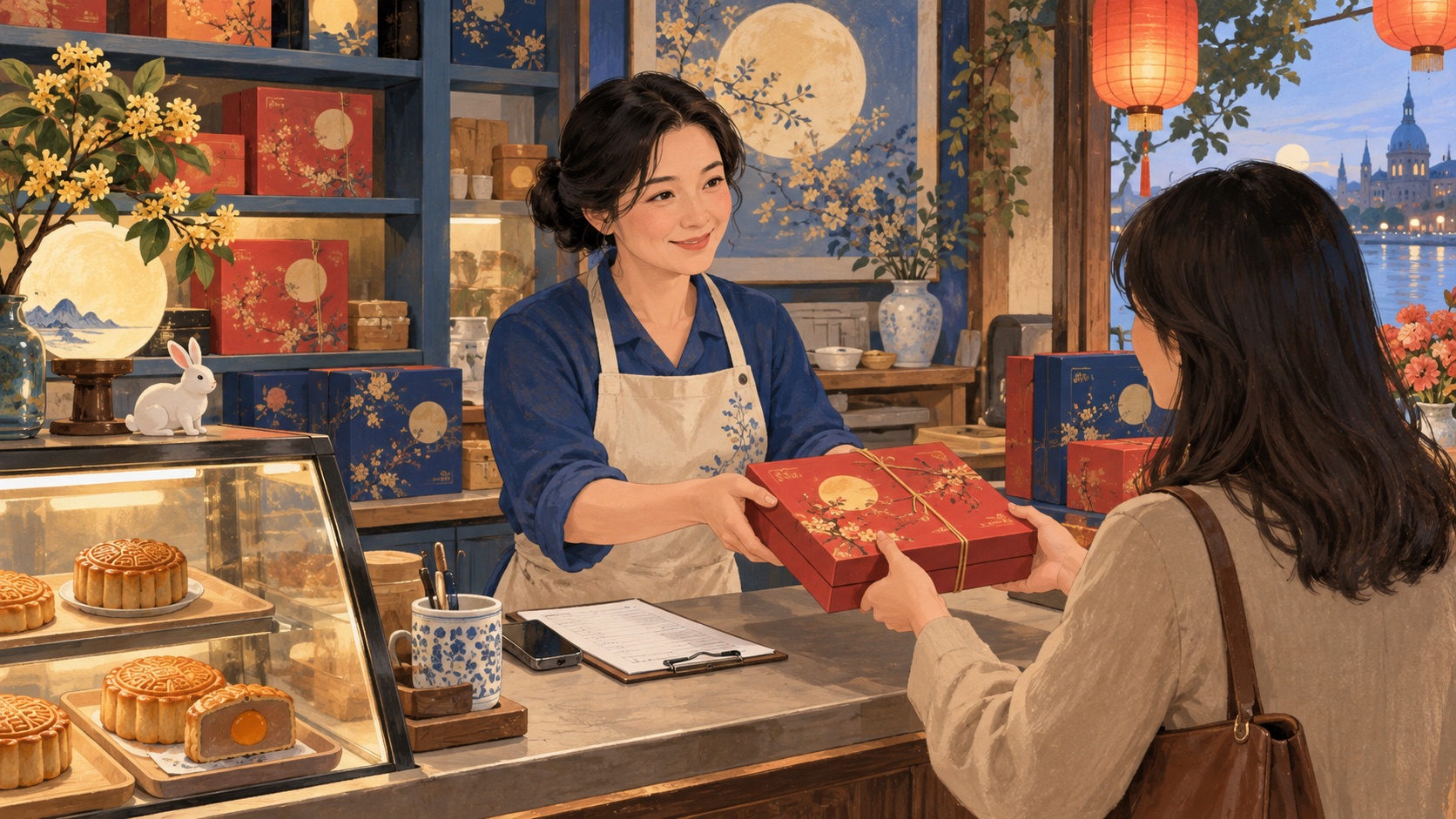 华人烘焙店店员核对订单并向顾客交付月饼礼盒的插画示意