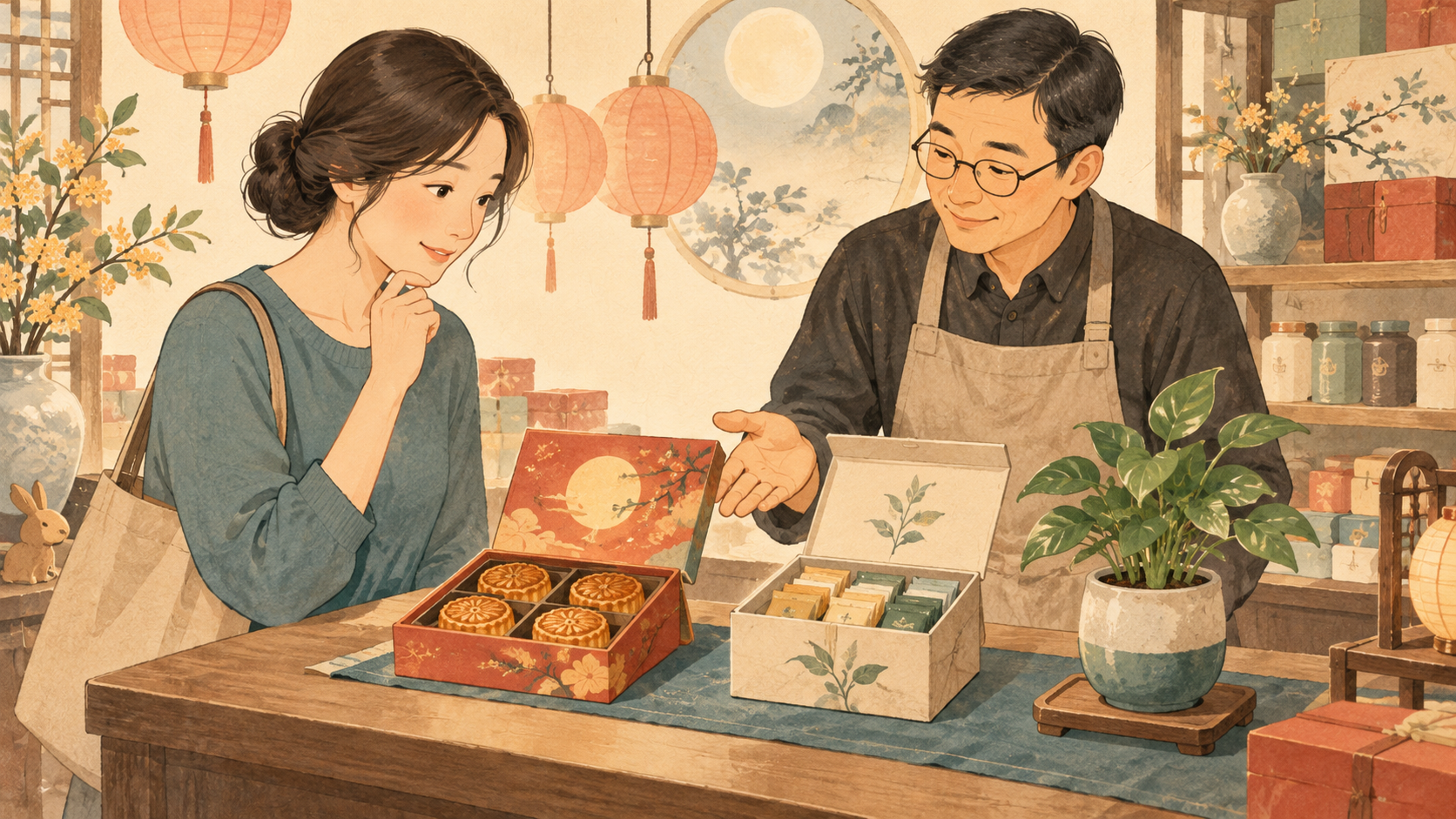 顾客在商店比较月饼、茶礼和盆栽礼物的插画示意