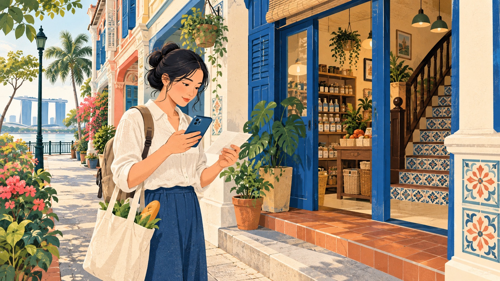 顾客在店铺入口旁核对手机与纸质到店资料的插画示意