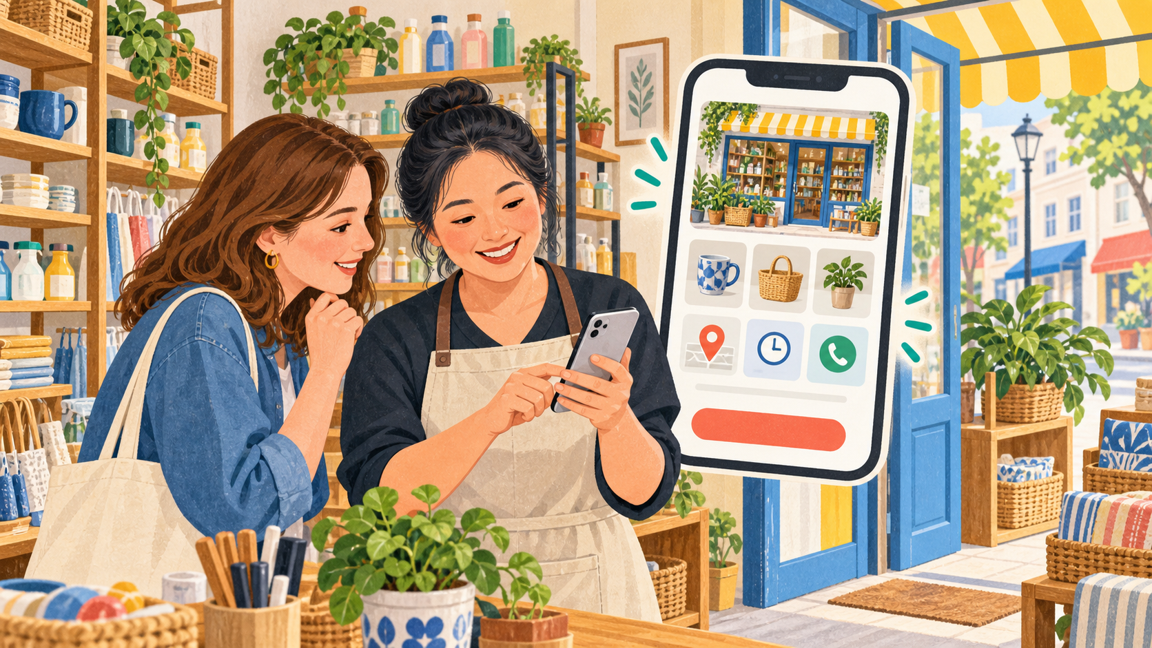 店主与顾客核对手机上的商品、地图、营业时间与联系入口的插画示意